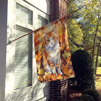 Manx Cat in Fall Leaves House Flag