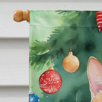 Japanese Bobtail Cat By the Christmas Tree House Flag