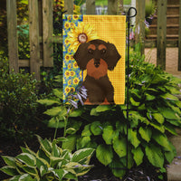 Summer Sunflowers Wirehair Chocolate and Tan Dachshund Flag Garden Size