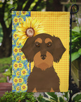 Summer Sunflowers Wirehair Chocolate and Tan Dachshund Flag Garden Size