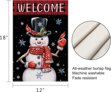 Christmas Garden Flag 12X18 Double Sided, Winter Christmas Snowman Yard Flag, Welcome Buffalo Plaid Farmhouse Vertical Burlap Christmas Flag, Holiday Seasonal Outdoor Decorations