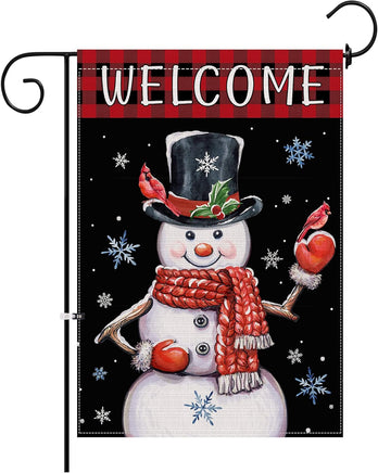 Christmas Garden Flag 12X18 Double Sided, Winter Christmas Snowman Yard Flag, Welcome Buffalo Plaid Farmhouse Vertical Burlap Christmas Flag, Holiday Seasonal Outdoor Decorations