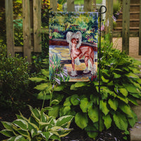 Chinese Crested on the patio  Flag Garden Size