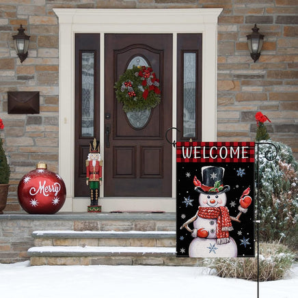 Christmas Garden Flag 12X18 Double Sided, Winter Christmas Snowman Yard Flag, Welcome Buffalo Plaid Farmhouse Vertical Burlap Christmas Flag, Holiday Seasonal Outdoor Decorations