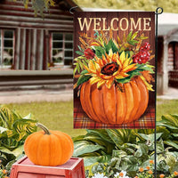 Hello Fall Garden Flag Buffalo Checkered Pumpkin Sunflower Decoration 12 X 18 Double Sided Outdoor Porch, Thanksgiving Farmhouse Lawn Decoration