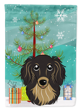 Christmas Tree and Longhair Black and Tan Dachshund Flag Garden Size BB1585GF