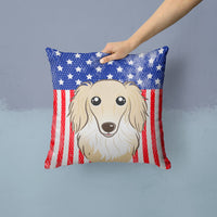 American Flag and Longhair Creme Dachshund Fabric Decorative Pillow BB2142PW1414