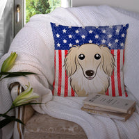 American Flag and Longhair Creme Dachshund Fabric Decorative Pillow BB2142PW1414