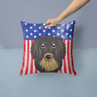 American Flag and Longhair Black and Tan Dachshund Fabric Decorative Pillow BB2143PW1414