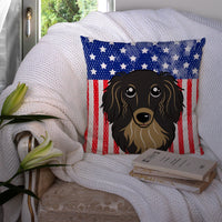 American Flag and Longhair Black and Tan Dachshund Fabric Decorative Pillow BB2143PW1414
