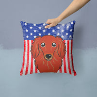 American Flag and Longhair Red Dachshund Fabric Decorative Pillow BB2144PW1414