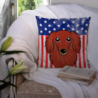American Flag and Longhair Red Dachshund Fabric Decorative Pillow BB2144PW1414