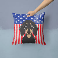 American Flag and Smooth Black and Tan Dachshund Fabric Decorative Pillow BB2145PW1414