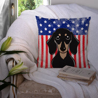 American Flag and Smooth Black and Tan Dachshund Fabric Decorative Pillow BB2145PW1414