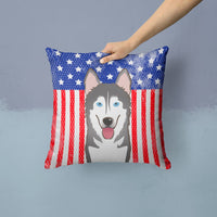 American Flag and Alaskan Malamute Fabric Decorative Pillow BB2148PW1414
