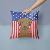American Flag and Chocolate Labrador Fabric Decorative Pillow BB2164PW1414