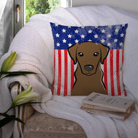American Flag and Chocolate Labrador Fabric Decorative Pillow BB2164PW1414