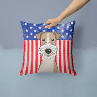 American Flag and Wire Haired Fox Terrier Fabric Decorative Pillow BB2177PW1414