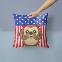 American Flag and Chocolate Brown Shih Tzu Fabric Decorative Pillow BB2179PW1414