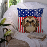 American Flag and Chocolate Brown Shih Tzu Fabric Decorative Pillow BB2179PW1414
