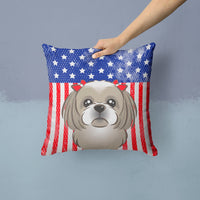 American Flag and Gray Silver Shih Tzu Fabric Decorative Pillow BB2180PW1414