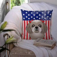 American Flag and Gray Silver Shih Tzu Fabric Decorative Pillow BB2180PW1414