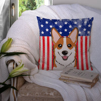 American Flag and Red Corgi Fabric Decorative Pillow BB2184PW1414