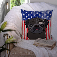 American Flag and Black Pug Fabric Decorative Pillow BB2193PW1414