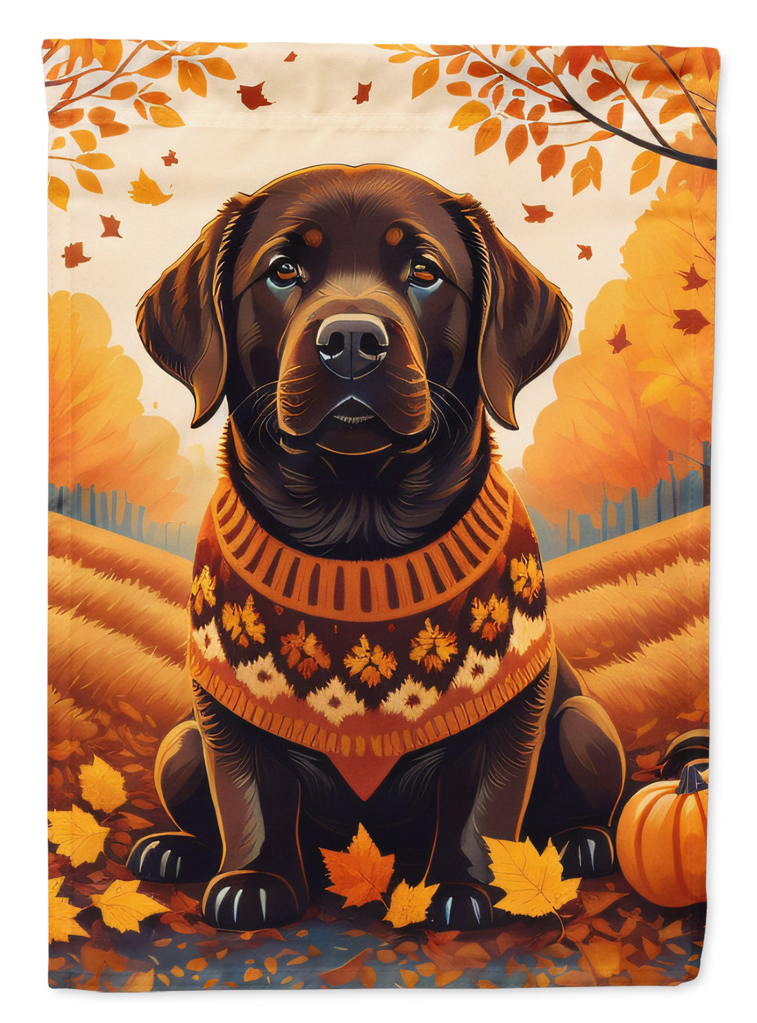 chocolate lab in a fall sweater