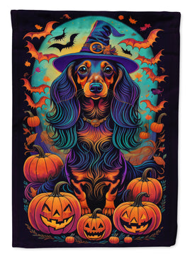 Longhair Black and Tan Dachshund Witchy Halloween House Flag
