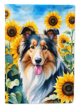 Collie in Sunflowers House Flag
