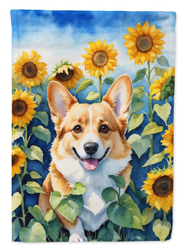 Corgi in Sunflowers House Flag