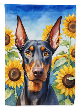 Doberman Pinscher in Sunflowers House Flag