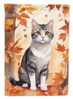 American Wirehair Cat in Fall Leaves House Flag