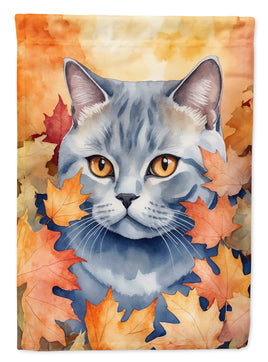 British Shorthair Cat in Fall Leaves House Flag