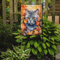 British Shorthair Cat in Fall Leaves Garden Flag