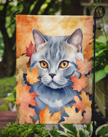 British Shorthair Cat in Fall Leaves Garden Flag