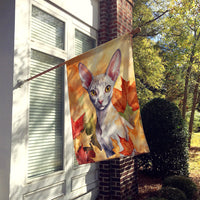 Cornish Rex Cat in Fall Leaves House Flag
