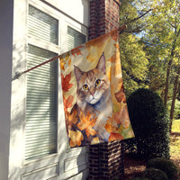 Dwelf Cat in Fall Leaves House Flag