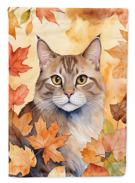 Dwelf Cat in Fall Leaves House Flag