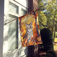 European Shorthair Cat in Fall Leaves House Flag