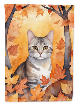 European Shorthair Cat in Fall Leaves House Flag