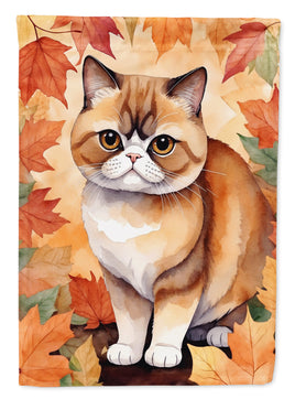 Exotic Shorthair Cat in Fall Leaves House Flag