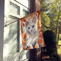 Foreign White Cat in Fall Leaves House Flag