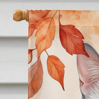 Foreign White Cat in Fall Leaves House Flag