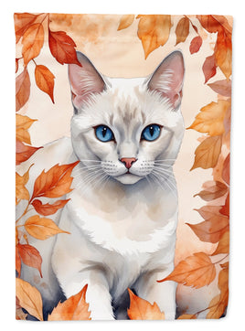 Foreign White Cat in Fall Leaves House Flag