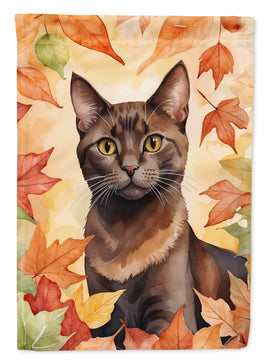 Havana Brown Cat in Fall Leaves House Flag