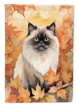 Himalayan Cat in Fall Leaves House Flag