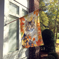 Norwegian Forest Cat in Fall Leaves House Flag