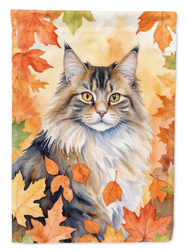 Norwegian Forest Cat in Fall Leaves House Flag
